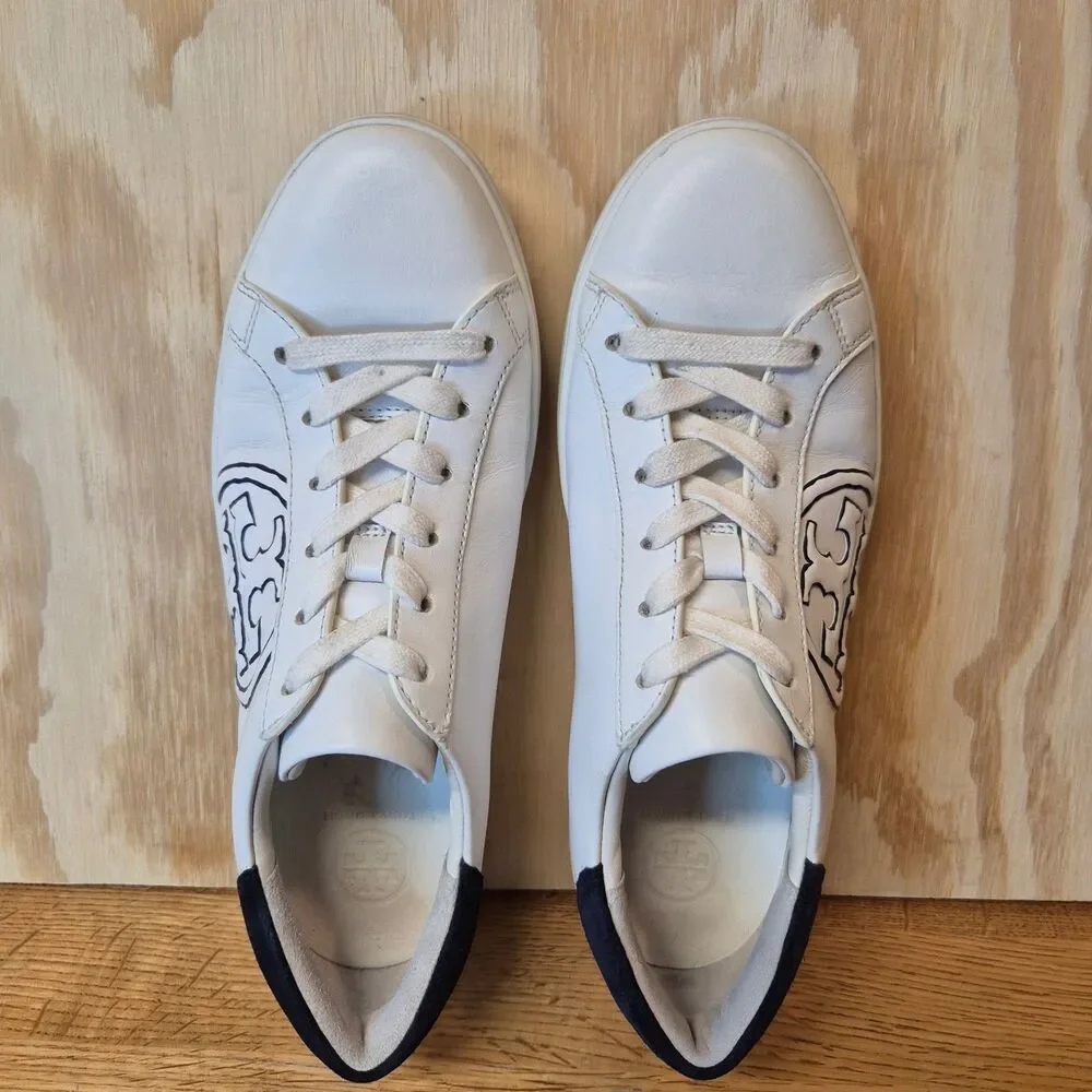 Tory Burch Women's T Logo Leather Sneakers White Navy Size 7M Low Top